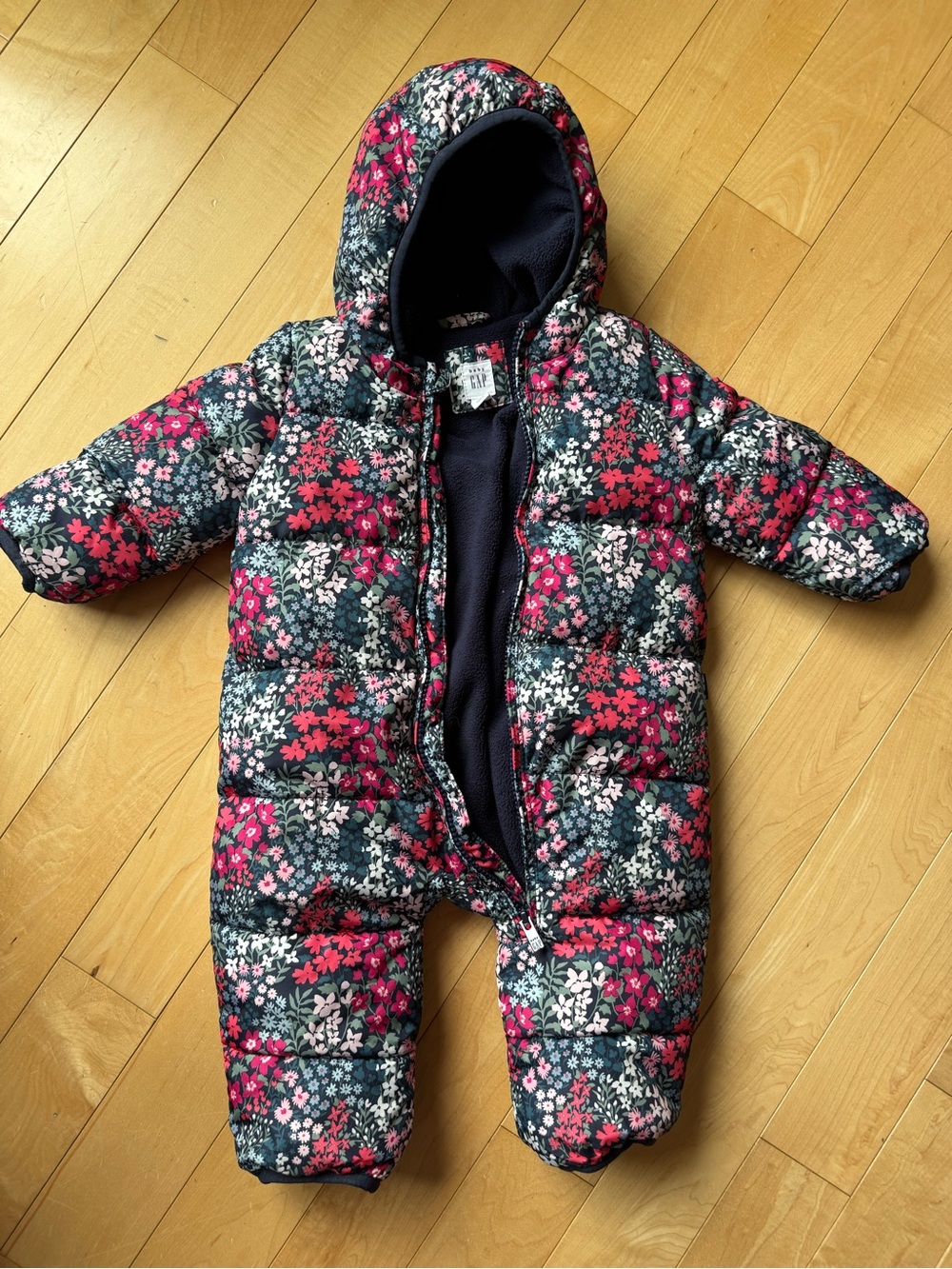 GAP Floral Puffer Snowsuit in Navy, Pink & White